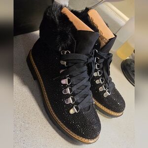 INC International Concepts Black Crystal Lace-Up Fur Collar Boots